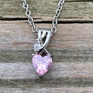 Pink Crystal Topaz necklace with white cz accent antiqued silver